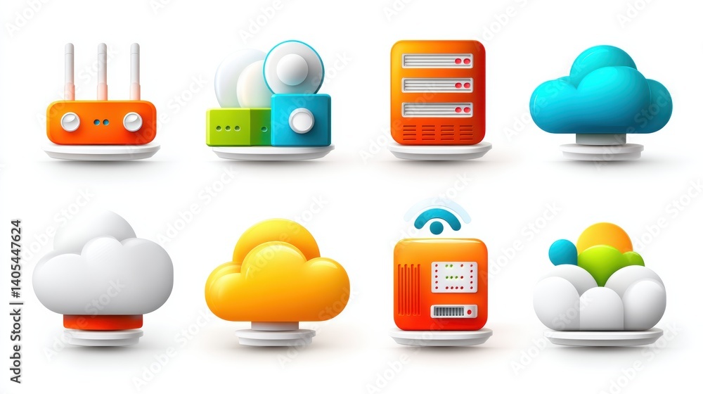Poster network icon set concept. network connectivity icons for router server and wi fi