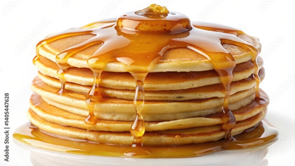 Poster a stack of golden pancakes drizzled with syrup on a clean white background. stack of pancakes. a sta
