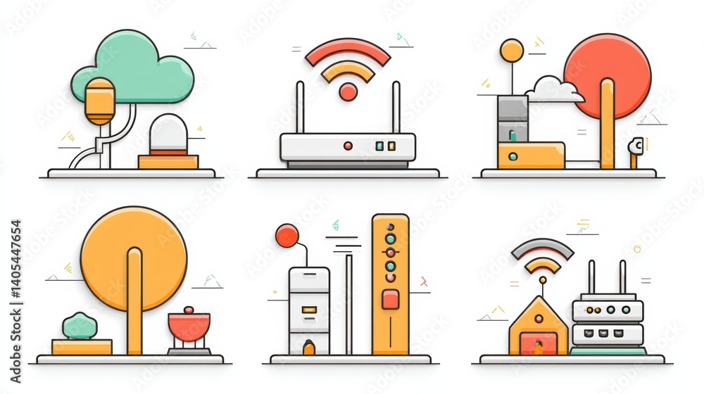 Poster network icon set concept. network icon set featuring six key elements related to cloud and wi fi con