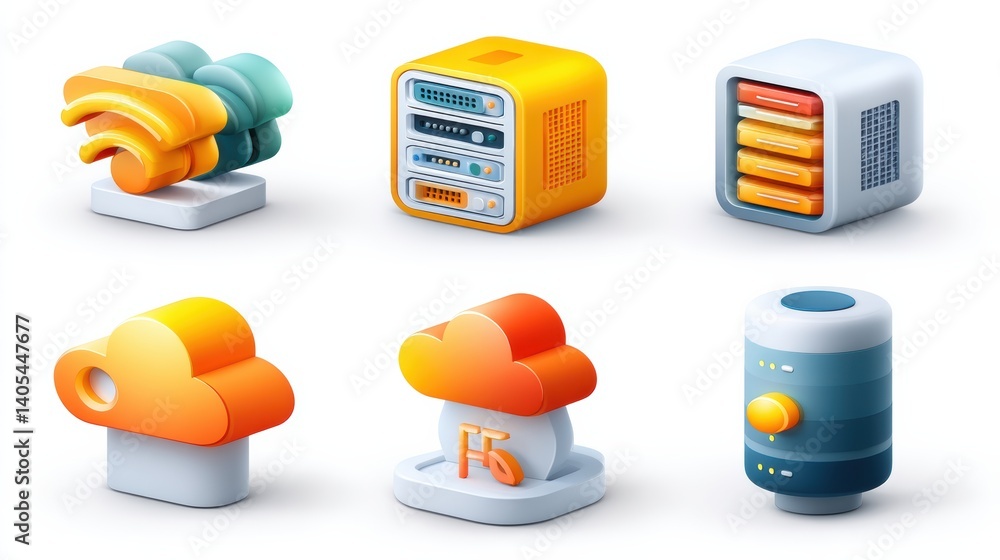 Poster network icon set concept. network hardware icons in minimalist geometric design