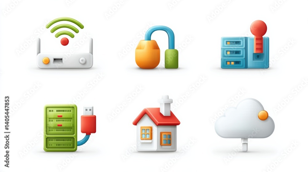 Poster network icon set concept. network icons featuring wi fi router ethernet and cloud storage