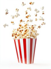 Overflowing red and white striped popcorn container with kernels bursting upwards against a white background. A classic movie snack!