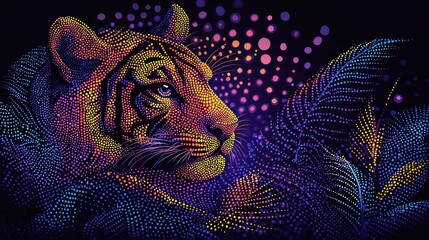 Vibrant Tiger Pointillism Night Bloom