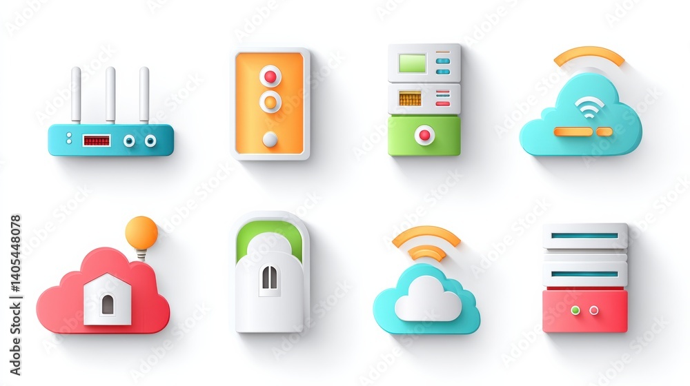 Poster network icon set concept. network technology icons including router server and firewall