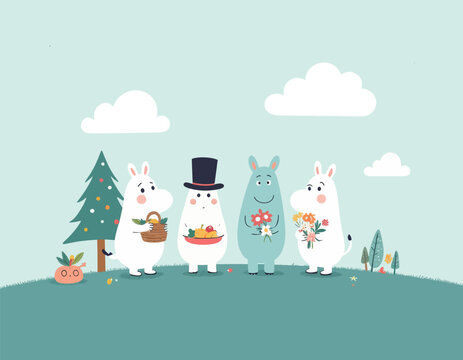 Moomin-like Characters with Gifts on Green Hill