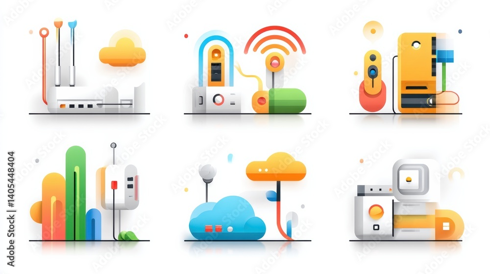 Poster network icon set concept. set of six network connectivity icons depicting router firewall and cloud 