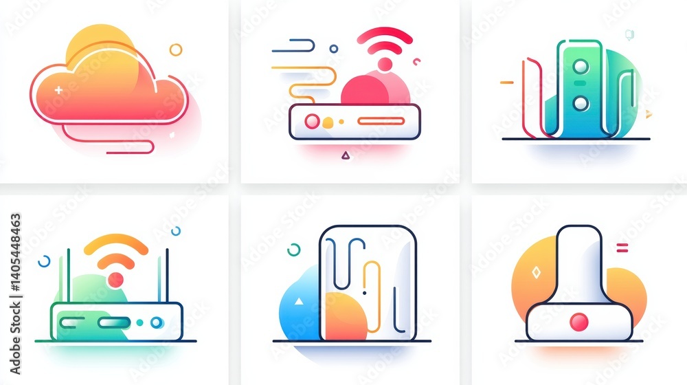 Aufkleber network icon set concept. set of six network icons depicting cloud router server and wi fi