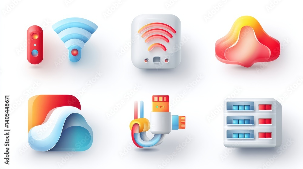 Poster network icon set concept. set of six stylized network icons including wi fi router firewall and clou