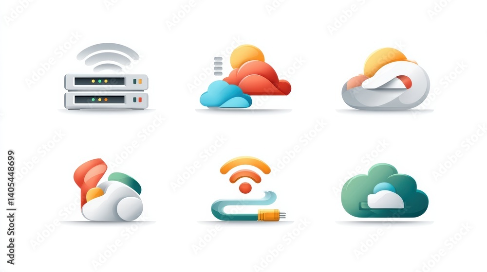 Aufkleber network icon set concept. six icons representing network systems and technology