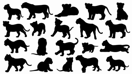 set of lion cub  silhouette vector on white background