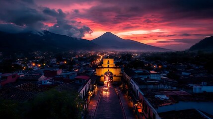 Antigua Guatemala Sunset Volcano  Archway.
