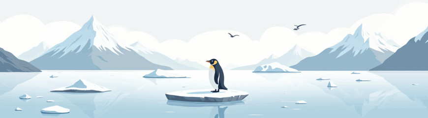 Penguin on Iceberg, Arctic Landscape with Birds