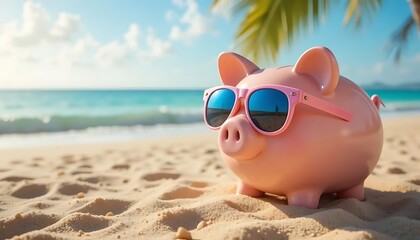 Piggy bank wear sunglasses at the tropical beach, saving money for vacation