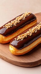 Gourmet Chocolate &Eacute;clair: Indulge in the exquisite allure of two gourmet &eacute;clairs. These chocolate-glazed pastries rest elegantly on a wooden board.