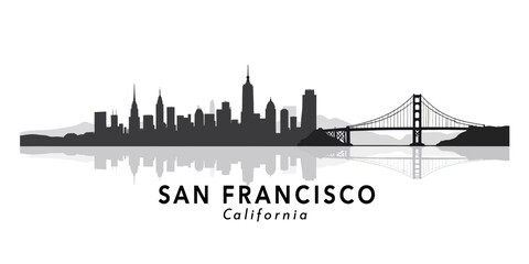Fototapeta premium San Francisco Skyline Silhouette with Golden Gate Bridge Reflection