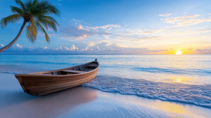 Obraz premium Seaside Serenity: A lone boat rests on a sandy shore beneath a swaying palm tree as the sun descends, painting the sky with hues of warmth and tranquility.
