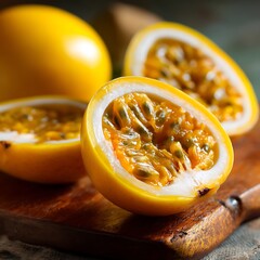 Bright yellow passion fruits, halved and whole, showcase their juicy pulp on a rustic wooden board, inviting a tropical taste experience.