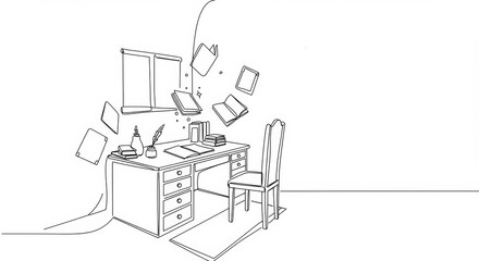 Elegant minimalist line art of a study with floating books and writing implements