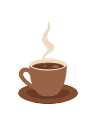 Steaming brown coffee cup and saucer illustration