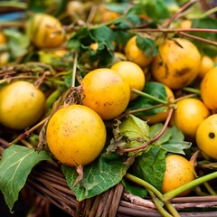 Close-up of ripe yellow fruits nestled amongst green leaves in a woven basket, showcasing their natural beauty.