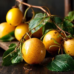 Golden yellow fruits, possibly granadillas, with leaves on a rustic wooden surface, evoking natural harvest. Warm lighting enhances the subject.