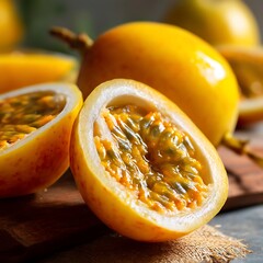 Golden passion fruit with edible seeds, cut open on a rustic wood table, showcasing its yellow pulp and juicy texture. Tasty and refreshing!