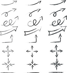 Arrows of different shapes, line art, vector drawing with marker, arrow icons drawn with charcoal, brush