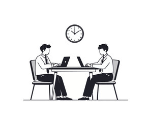 Fototapeta premium Two Businessmen Working at a Desk with Laptops and Clock