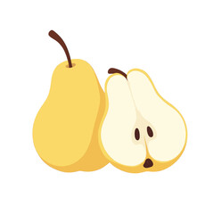 Two Yellow Pears, One Cut in Half, Isolated