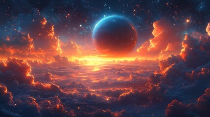 Fototapeta premium Celestial Sunset: A breathtaking panorama of fiery clouds and a distant planet, bathed in the warm glow of a cosmic sunset.