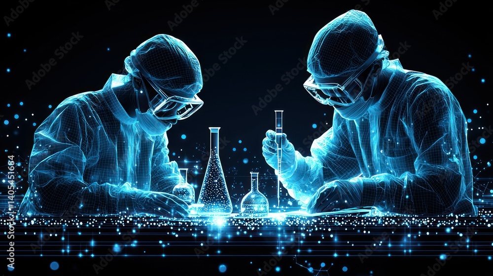 Poster digital scientists: a futuristic depiction of scientific research. two scientists, rendered in a dig