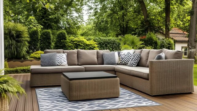 Comfortable sectional sofa and coffee table arranged on a wooden deck surrounded by lush greenery in daylight