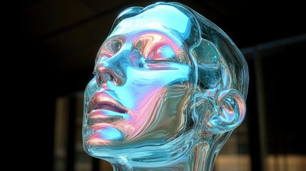 Iridescent glass head sculpture, Abstract glass head 3d rendering, glass human head