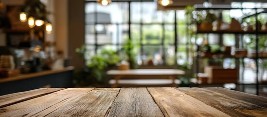 Wooden table in foreground with shallow-depth-of-field background showing blurred interior: large window, hanging lamps, shelves, and plants under natural lighting.