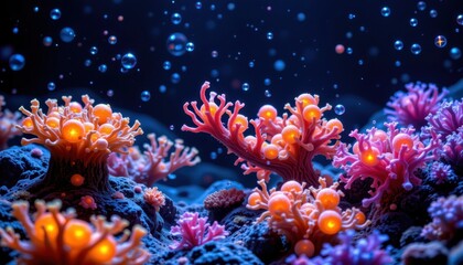 Fototapeta premium Celestial Coral Depict a cosmic underwater scene with coral like structures made of glowing spheres in galactic colors.