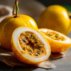 Passion Fruit Delight: A vibrant close-up showcases whole and halved passion fruits, revealing their juicy, seeded interiors and sunny yellow hues.