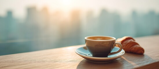 Minimalist still life: ceramic coffee cup with steam and buttery croissant on rustic wooden table, shallow depth-of-field showing blurred skyscrapers through window