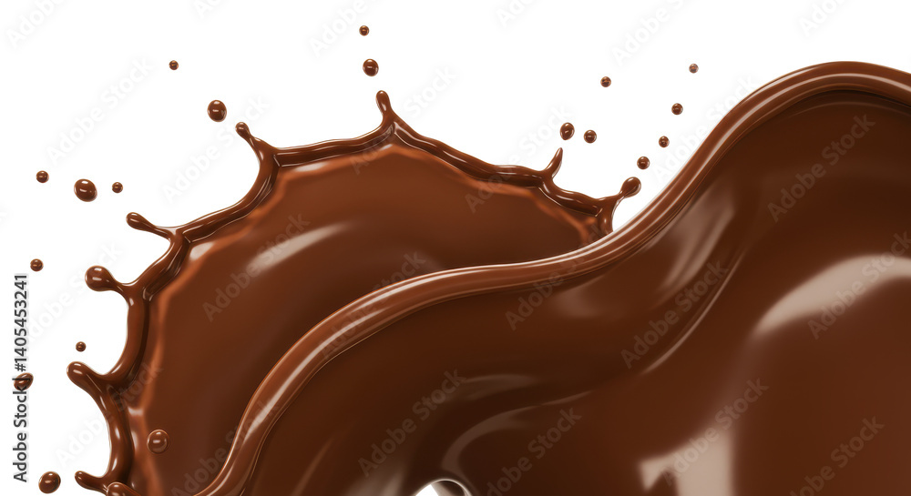 Poster a dynamic splash of rich brown chocolate with droplets against a black background creating movement