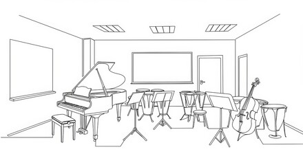 Elegant minimalist line art depicting a music classroom filled with instruments