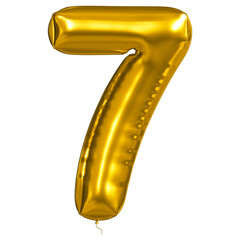 Golden number seven balloons with shiny foil reflecting light. Concept for designing postcards for celebrations, birthdays, anniversaries and special events. 3D illustration