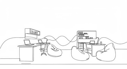 Minimalist open workspace line drawing with bean bags, a collaborative start up tech office