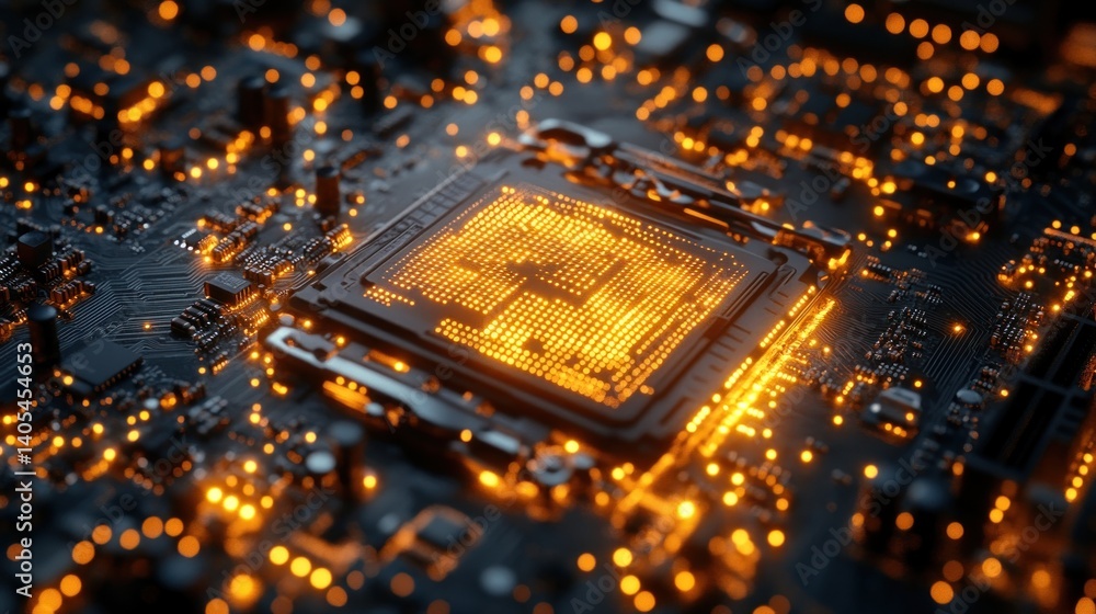 Poster glowing cpu processor on motherboard
