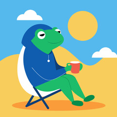 Vector illustration of a frog sitting on a chair and drinking coffee
