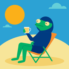 Vector illustration of a frog sitting on a chair and drinking coffee