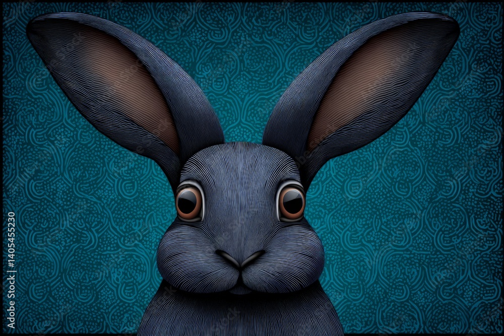 Aufkleber abstract blue rabbit with stylized body and symmetrical gaze in textured vibrant pattern on surreal 