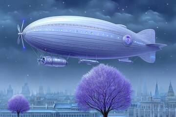 Naklejka premium A magical floating city with airships and glowing energy trees