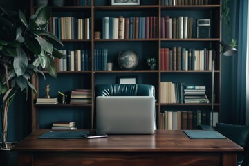 Serene workspace: Laptop rests on a wooden desk in front of a classic bookshelf