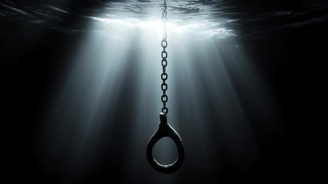 Underwater chain ring, sunlight beams, dark depth
