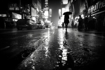 A grayscale image captures a rainy city street at night, with illuminated buildings and a pedestrian walking with an umbrella, creating a moody and atmospheric scene.