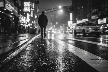 Obraz premium Monochrome cityscape on a rainy night, with blurry pedestrians, cars, and city lights reflecting on the wet asphalt of the street in an urban environment.